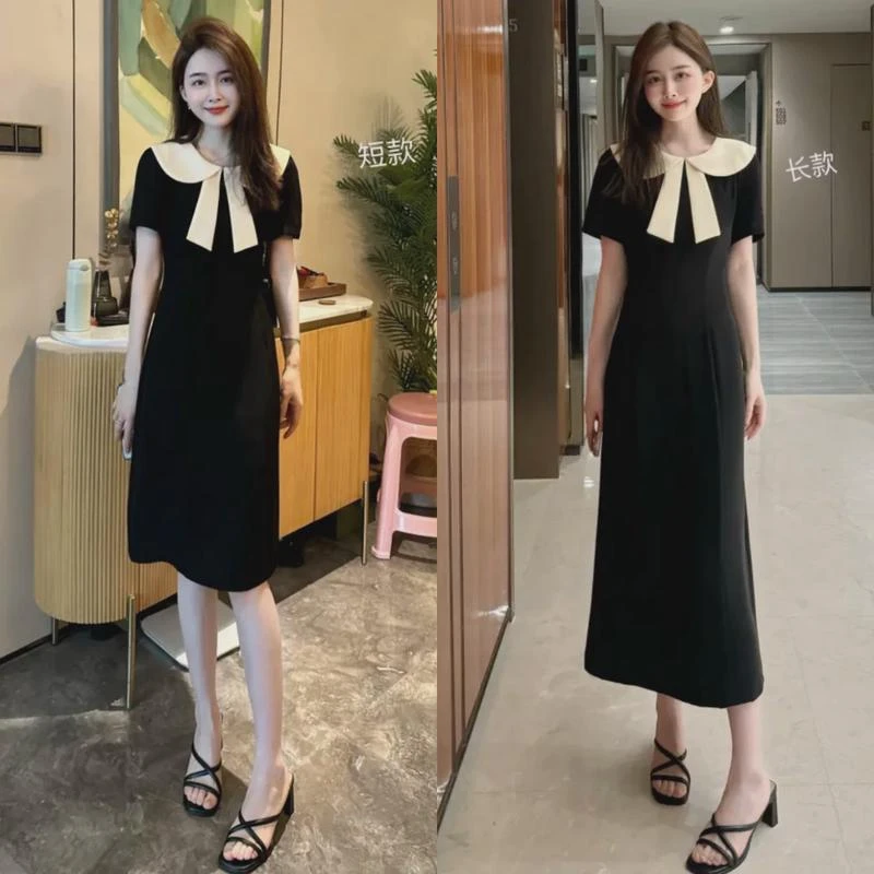 法式高级感撞色拼接蝴蝶领连衣裙女夏赫本小香风轻奢气质黑色长裙