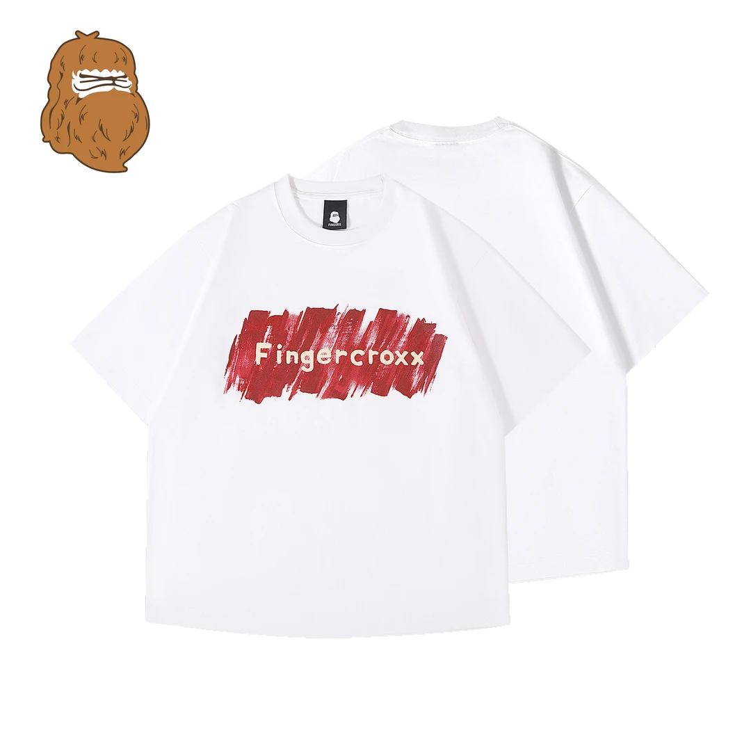 FINGERCROXX纯棉短袖夏季英文手绘印花T恤半袖休闲上衣国潮情侣装