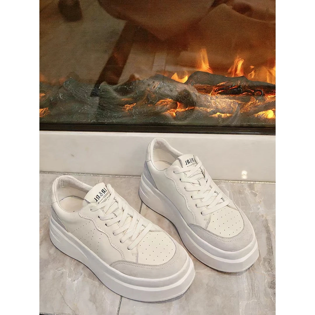 【明星同款】设计感女鞋秋款鞋休闲鞋厚底增高小白鞋真皮运动鞋