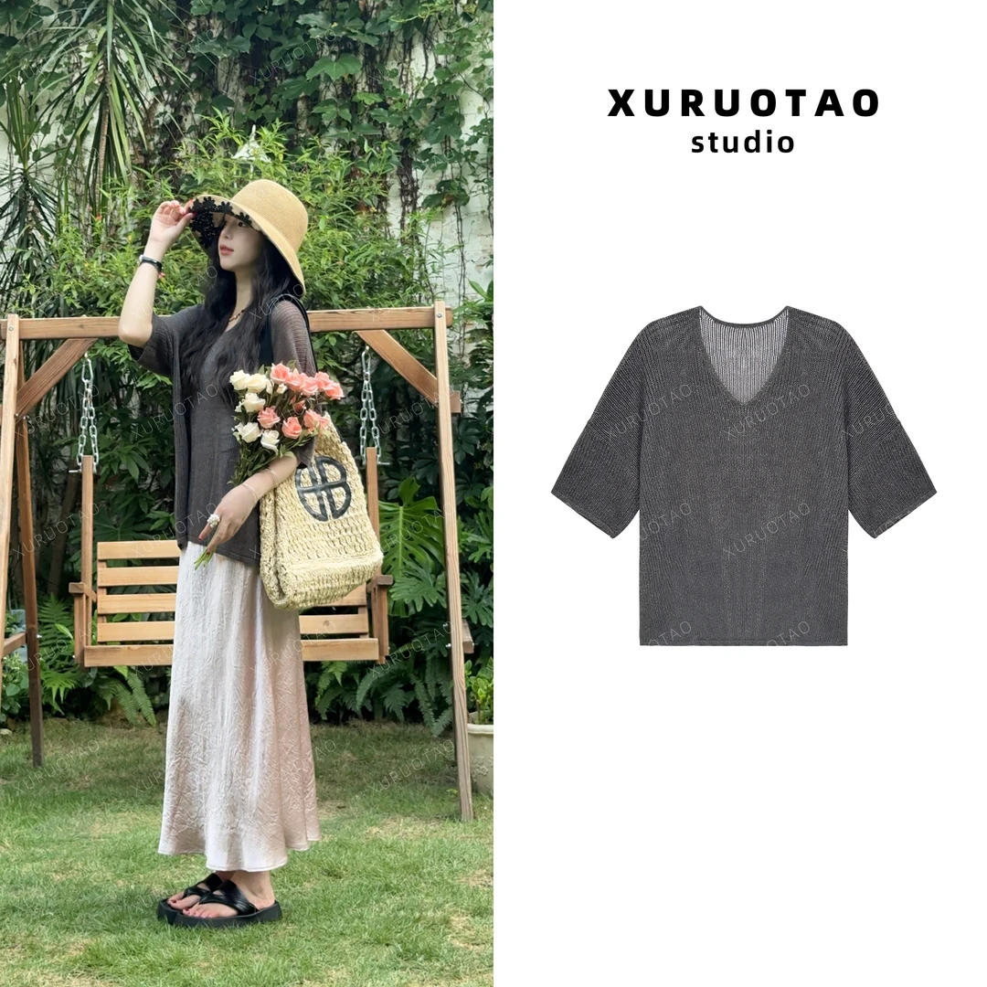 XURUOTAO 【显瘦旋律】亚麻镂空设计感舒适显瘦灰色上衣 T5388