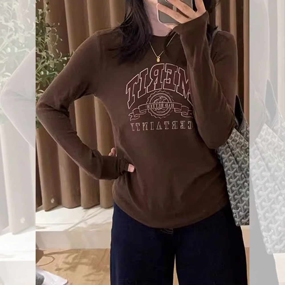 韩系大码女装显瘦内搭打底衫秋冬别致复古字母印花长袖t恤上衣女