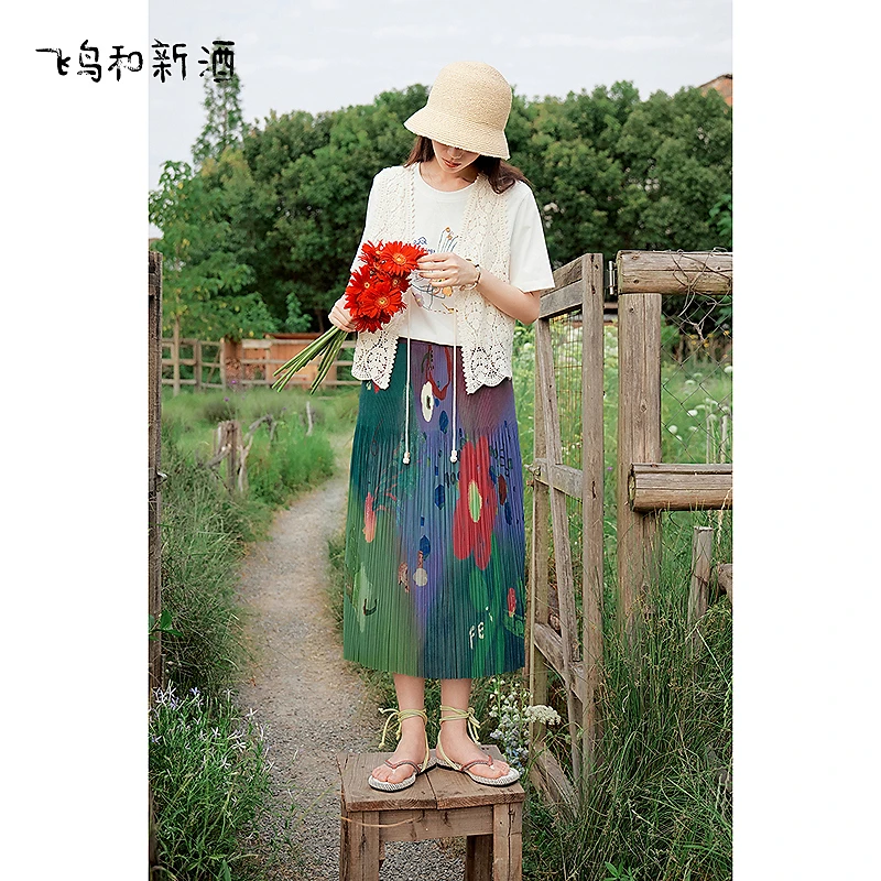 飞鸟和新酒高腰印花半身裙女夏时尚百褶裙显瘦腰裙半裙FD53172031