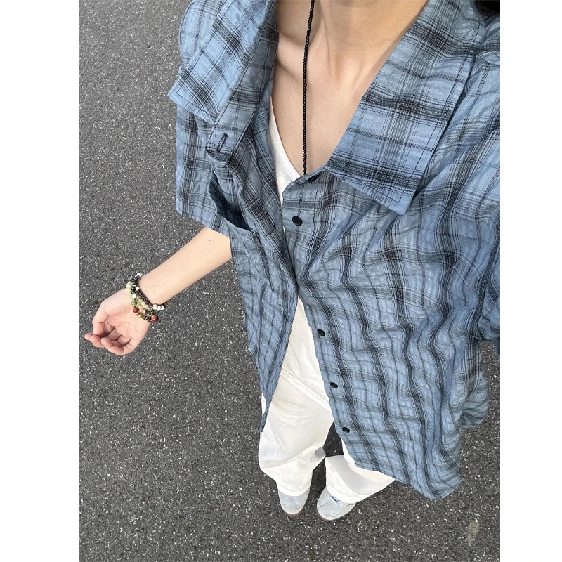 美式复古蓝色格子衬衫男款夏季慵懒松弛感短袖衬衣潮牌情侣外套