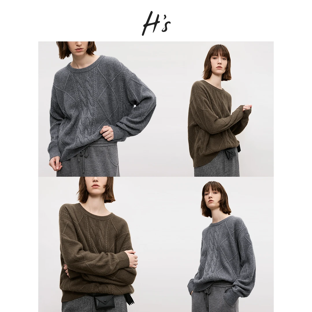 HS绵羊毛圆领套头毛衣女2024冬季新款宽松慵懒感保暖针织开衫上衣