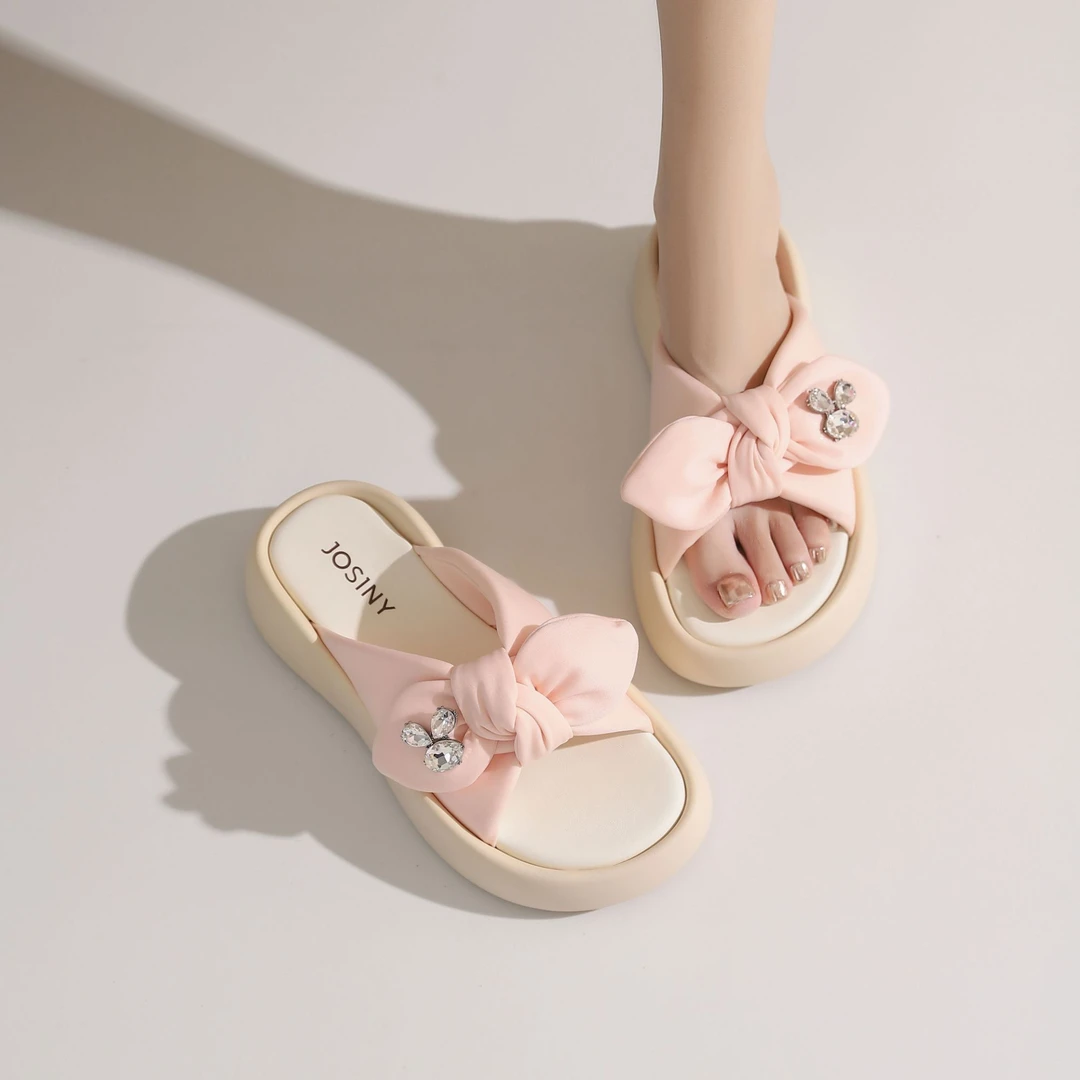 卓诗尼拖鞋2025夏季款凉拖鞋露趾凉拖蝴蝶结超火防滑厚底甜美凉鞋