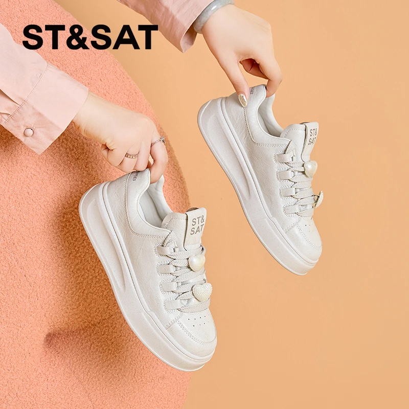 星期六真皮厚底时尚休闲鞋女2025秋新款潮流松糕底板鞋百搭小白鞋