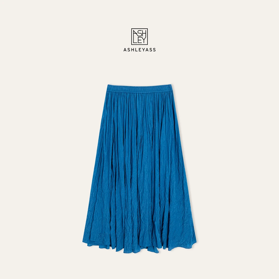 【ASHLEYASS】“蓝精灵”压褶大摆裙高腰流动感洋气半身裙LSS250406W