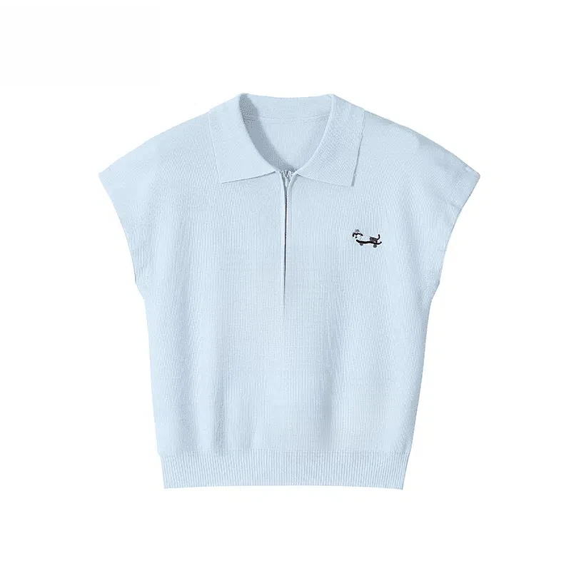 蓝色夏季正肩半拉链休闲女polo领小个子短款简约上衣针织短袖t恤