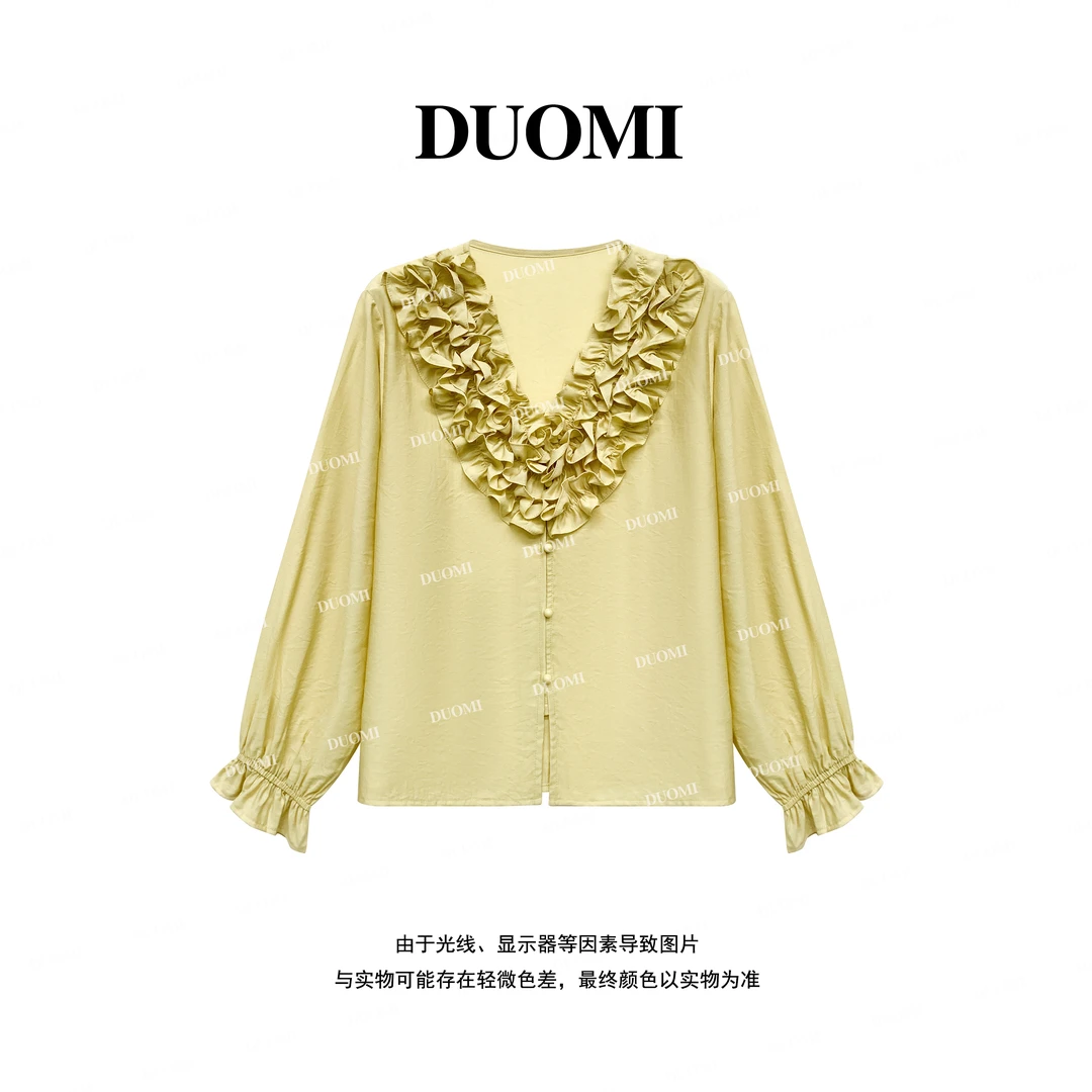 【DUOMI】早秋新款女装百搭时尚重工V领花边设计上衣女D7333