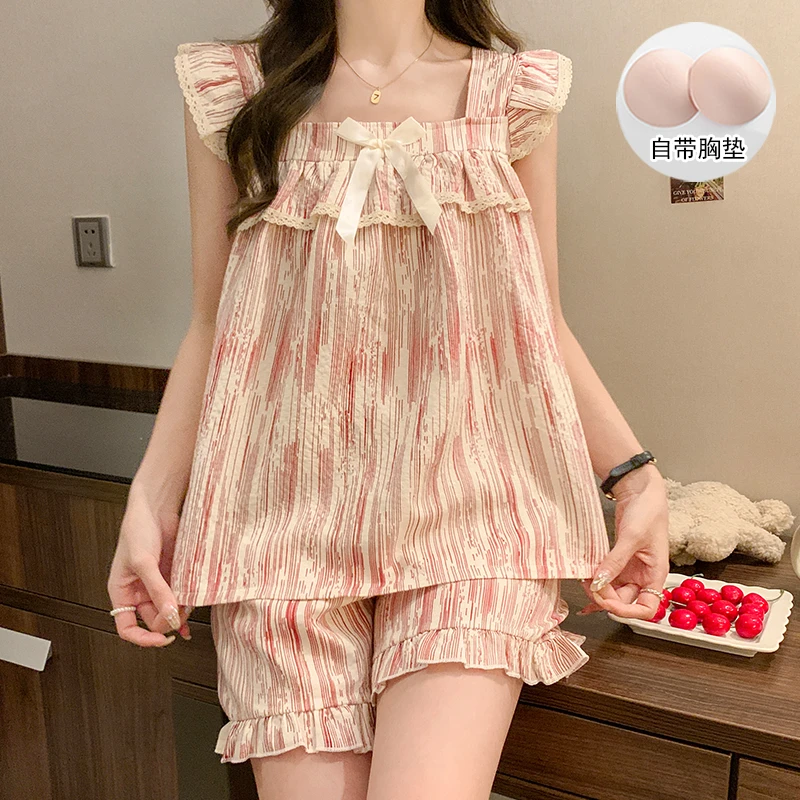 【星】带胸垫睡衣女夏季套装甜美公主风小飞袖条纹薄款家居服4113