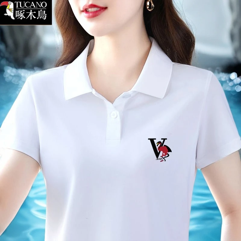 啄木鸟2025年新款纽扣POLO领T恤女中年减龄夏季短袖简约通勤上衣