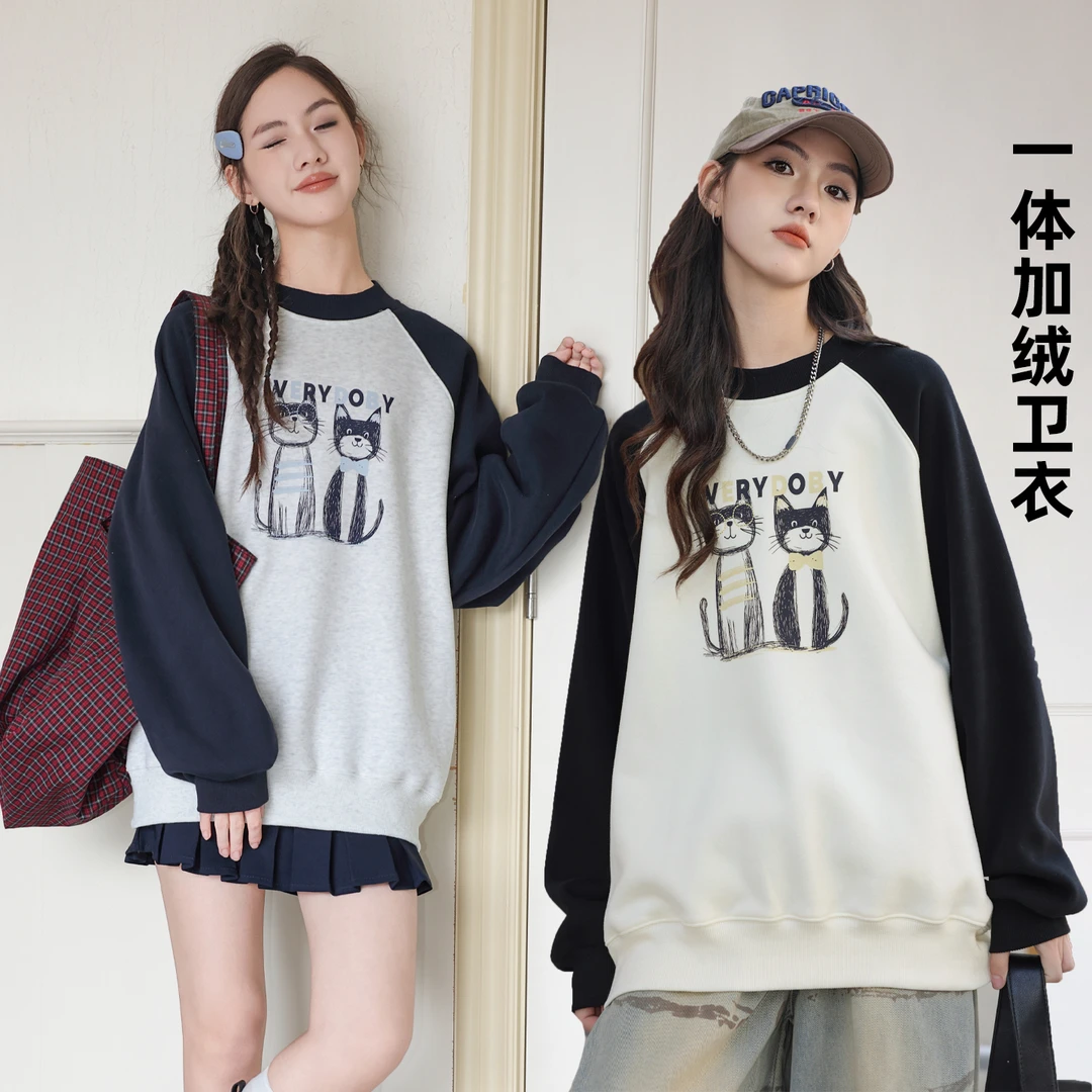 骄骄虎女童加绒卫衣2025冬季新款女大童初中生一体绒圆领上衣7461