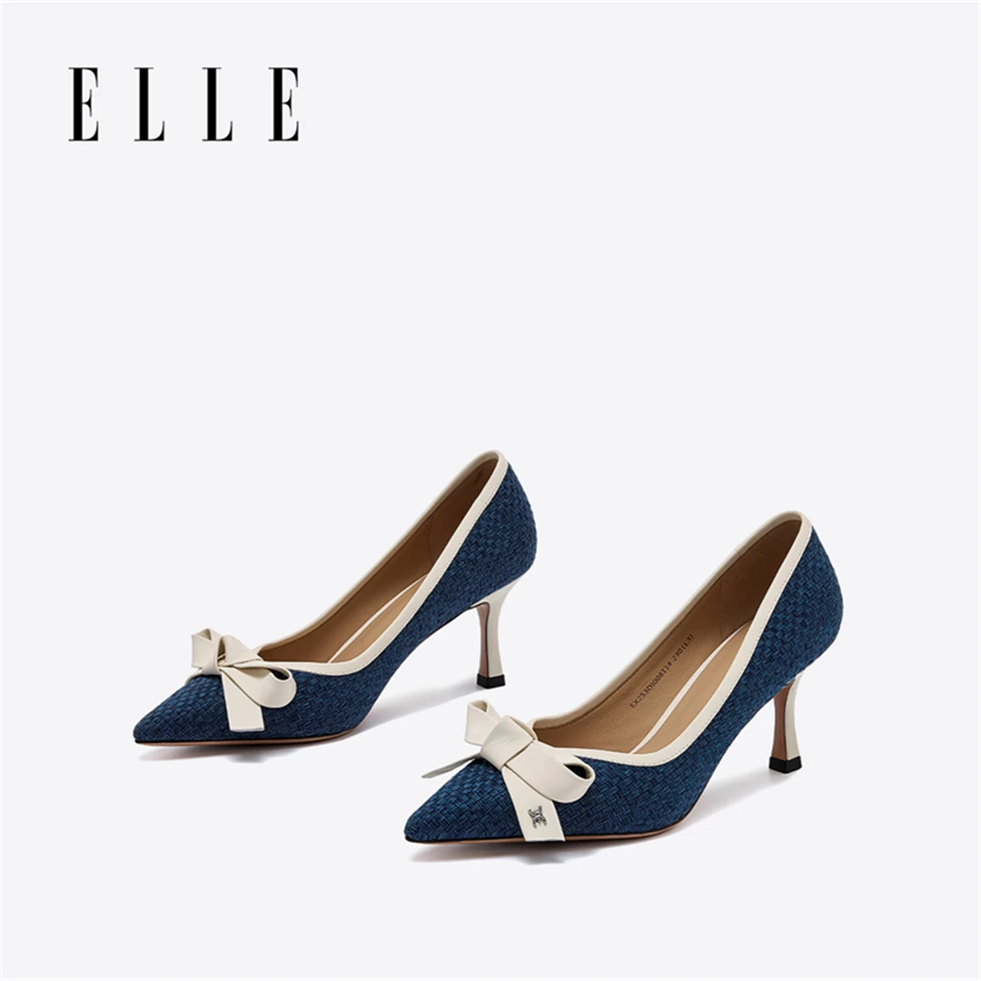 ELLE尖头蝴蝶结小众设计感细高跟时尚浅口单鞋小香风女礼仪高跟鞋