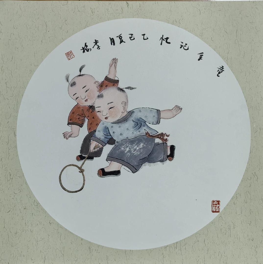 无框工笔画百子图系列38X38cm镜片卡纸