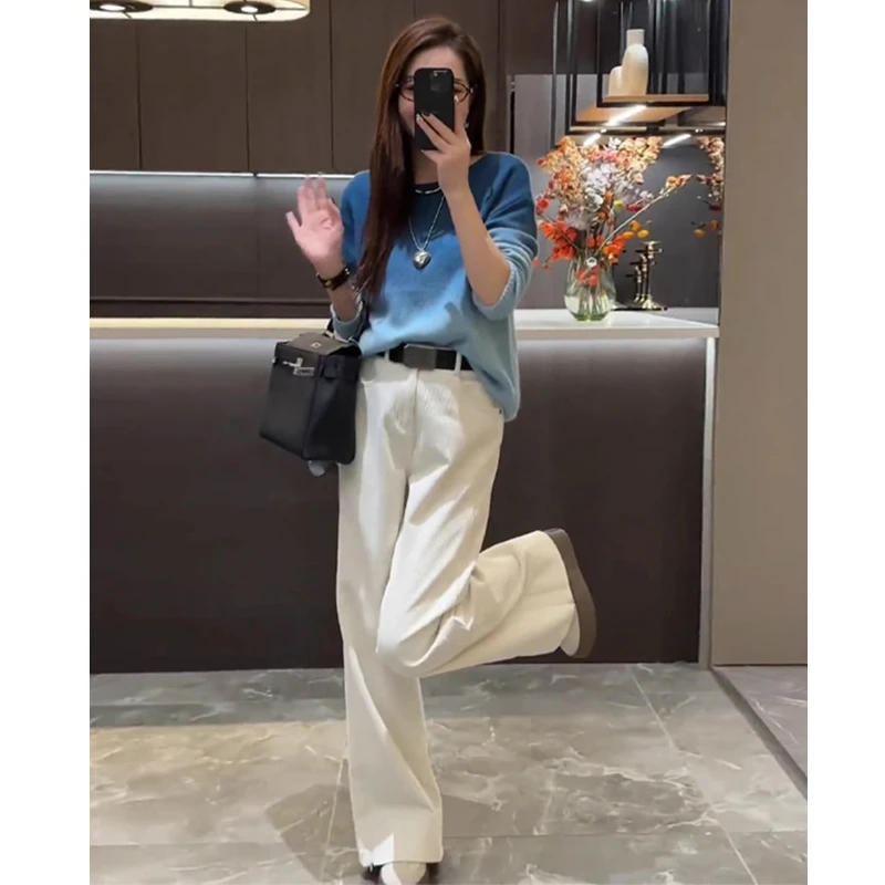 秋季穿搭一整套高级感洋气渐变色针织毛衣阔腿牛仔裤韩风chic套装