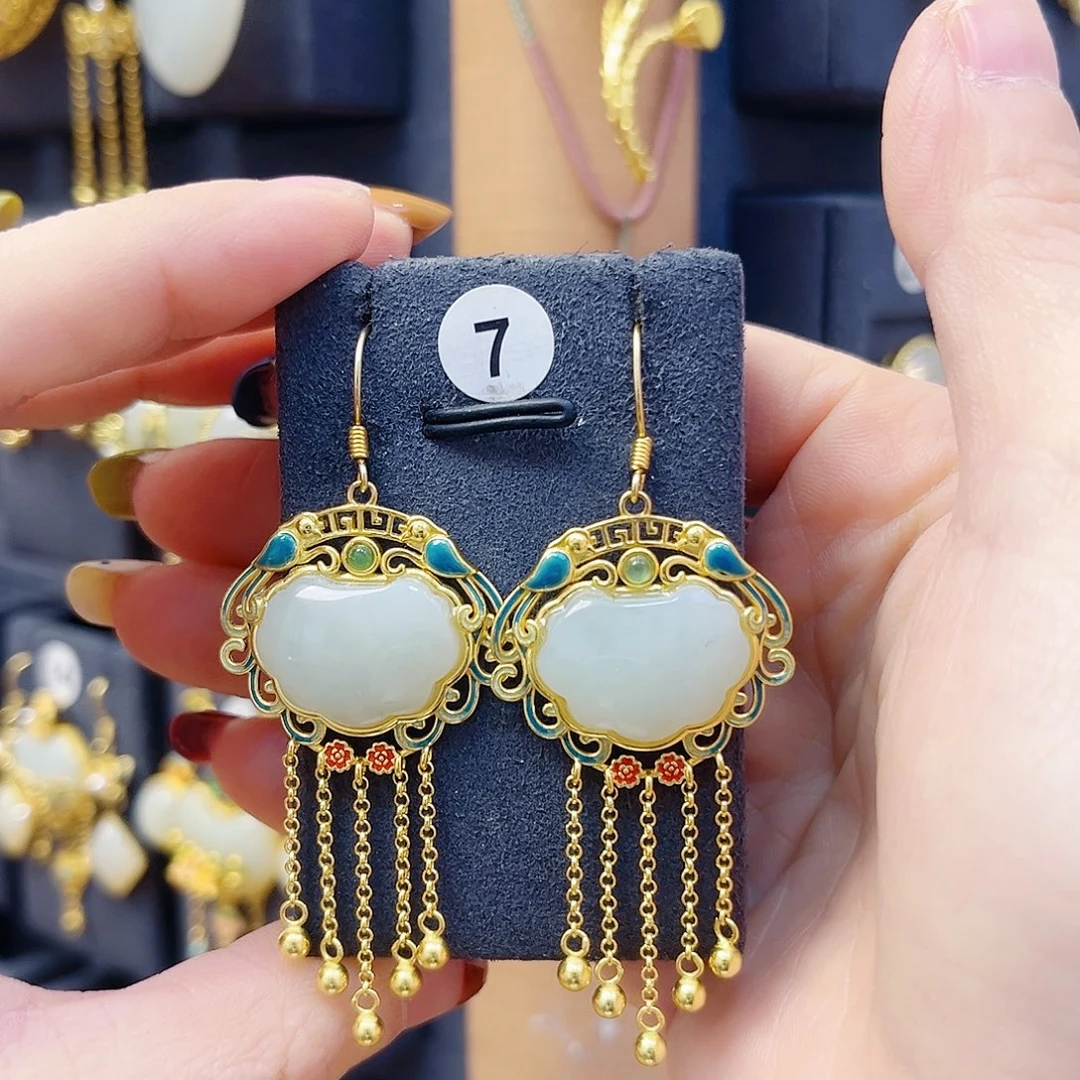 和田玉银S925镀金镶嵌耳饰