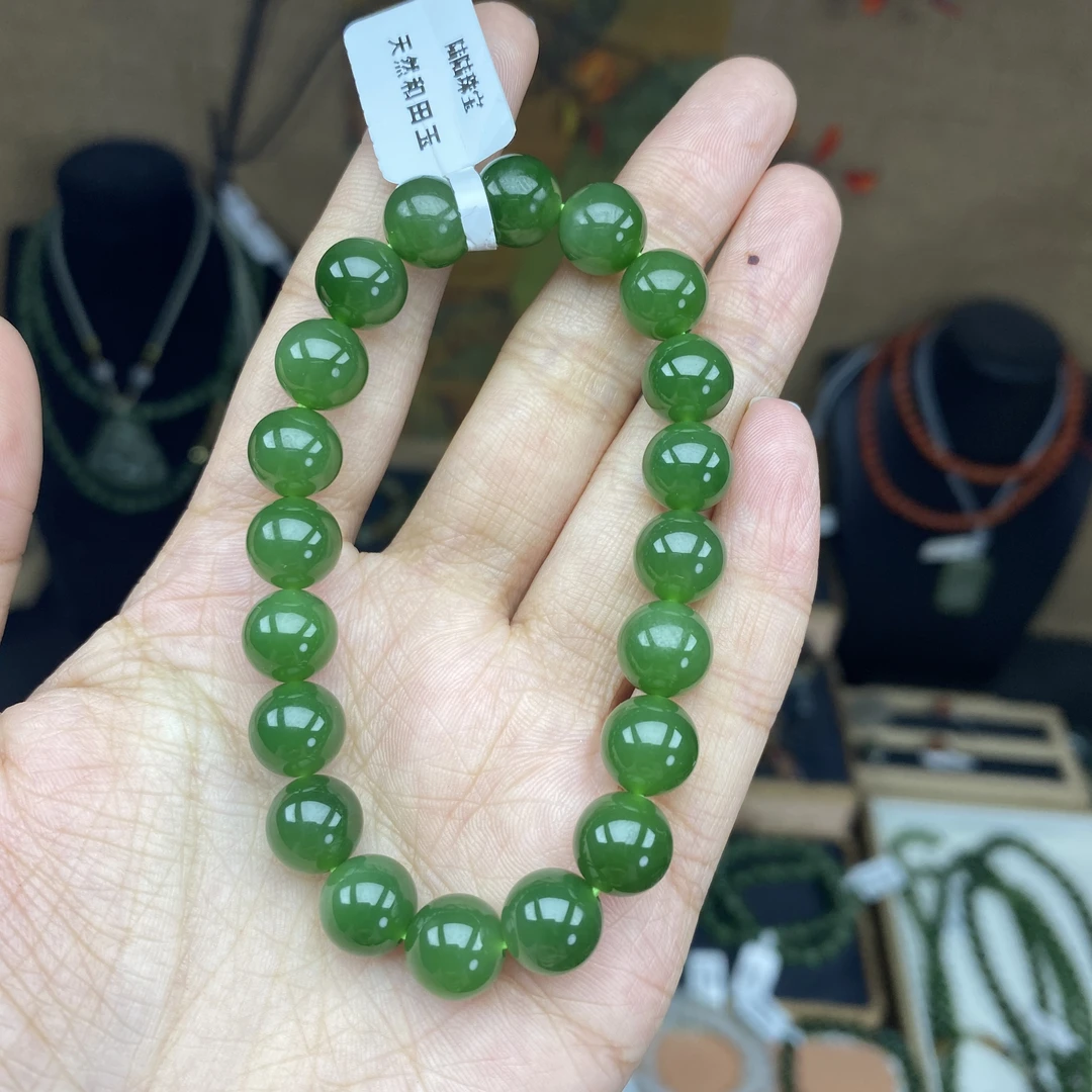 天然和田玉碧玉手串9.5mm阳绿百搭
