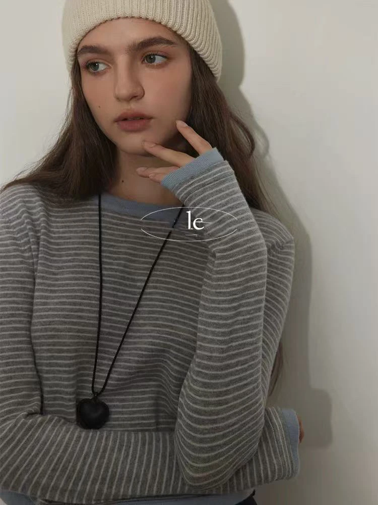 韩正品2025拼色圆领条纹长袖宽松T恤8928