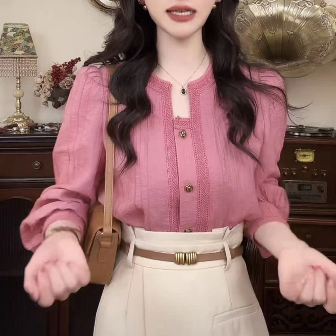 粉色减龄V领显瘦衬衫女2025年春装港风泡泡袖洋气小衫肌理感上衣