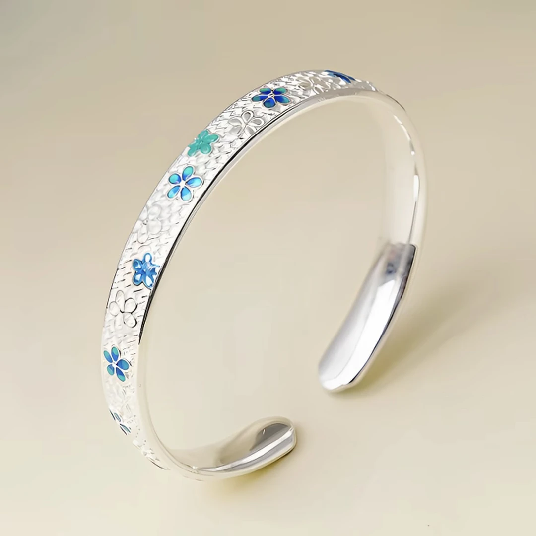 足银手镯 银手镯古法珐琅梅花999银镯子复古小众生日礼物D0007