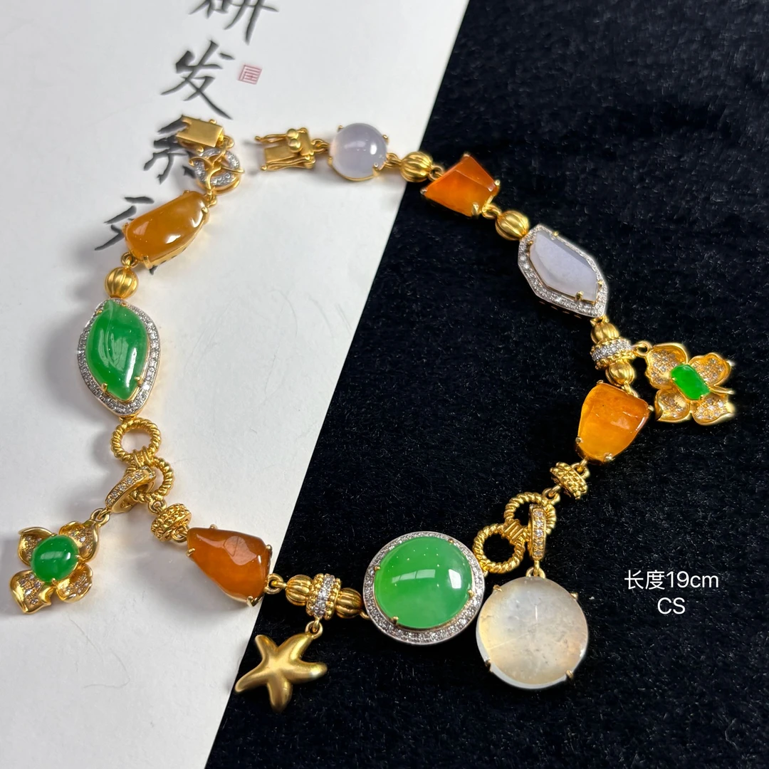 《缅甸珠宝严选》缅甸翡翠冰三彩蛋面设计款手链（下单质询客服）CS