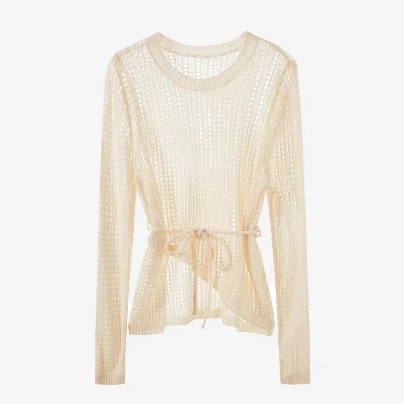 (01_50)2025新款宽松慵懒风薄款罩衫法式复古露背长袖镂空针织