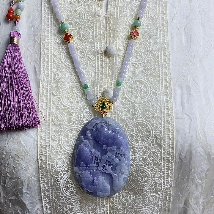 翡翠吊坠(赠链)未镶嵌紫翡雕刻山水吊坠