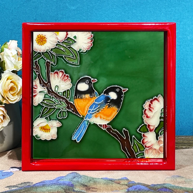 【17.5*17.5】手工瓷板画玄关客厅立体浮雕手绘茶盘款摆件