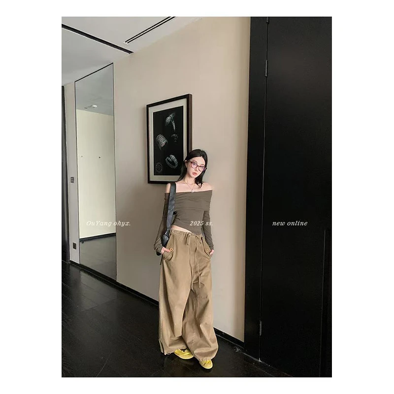 【辣妹捕手 纸片人】一字肩长袖T恤修身针织上衣复古高腰休闲长裤女