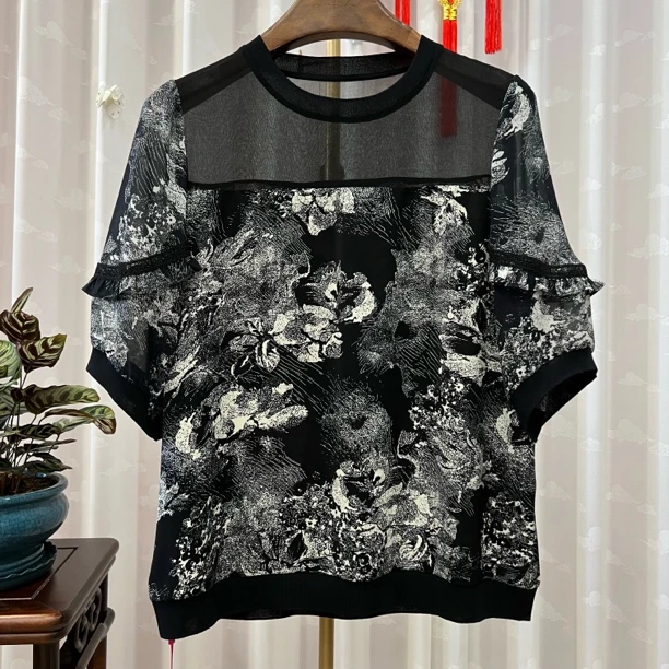 胖人坊大码复古印花雪纺衫4689 衣长69