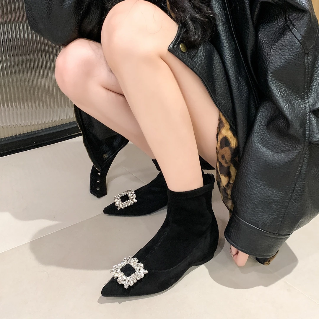 内增高尖头后拉链短靴时尚单靴时装2025秋冬季新款百搭女靴瘦瘦靴