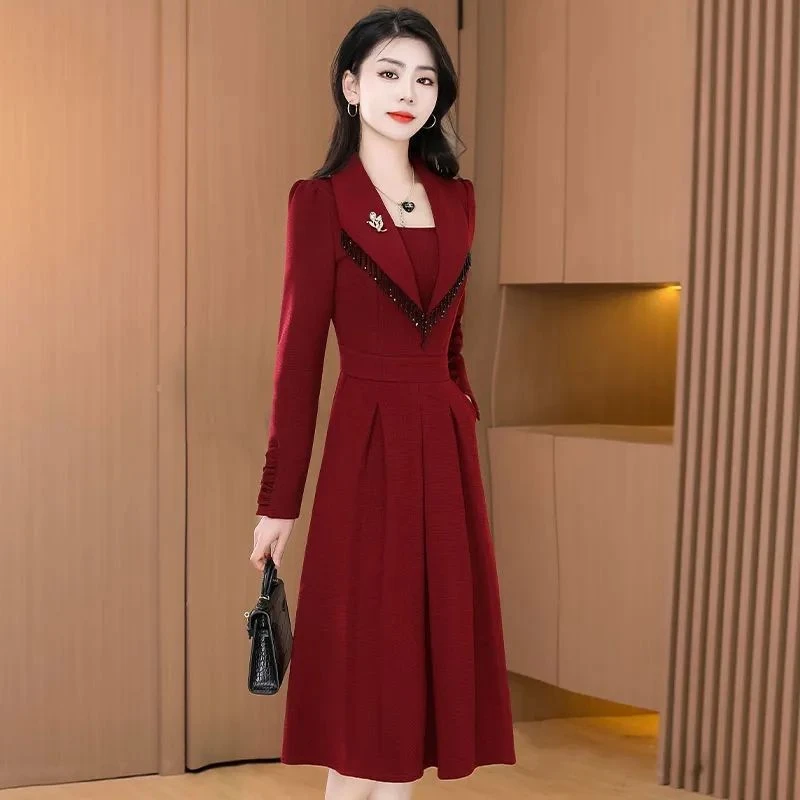 连衣裙长袖收腰显瘦气质中长款打底裙妈妈装女装洋气时髦气质