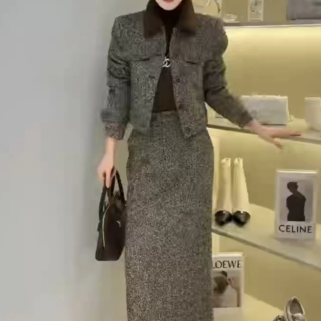 秋秋精选小香风法式气质加厚外套半身裙套装秋冬显瘦时尚353