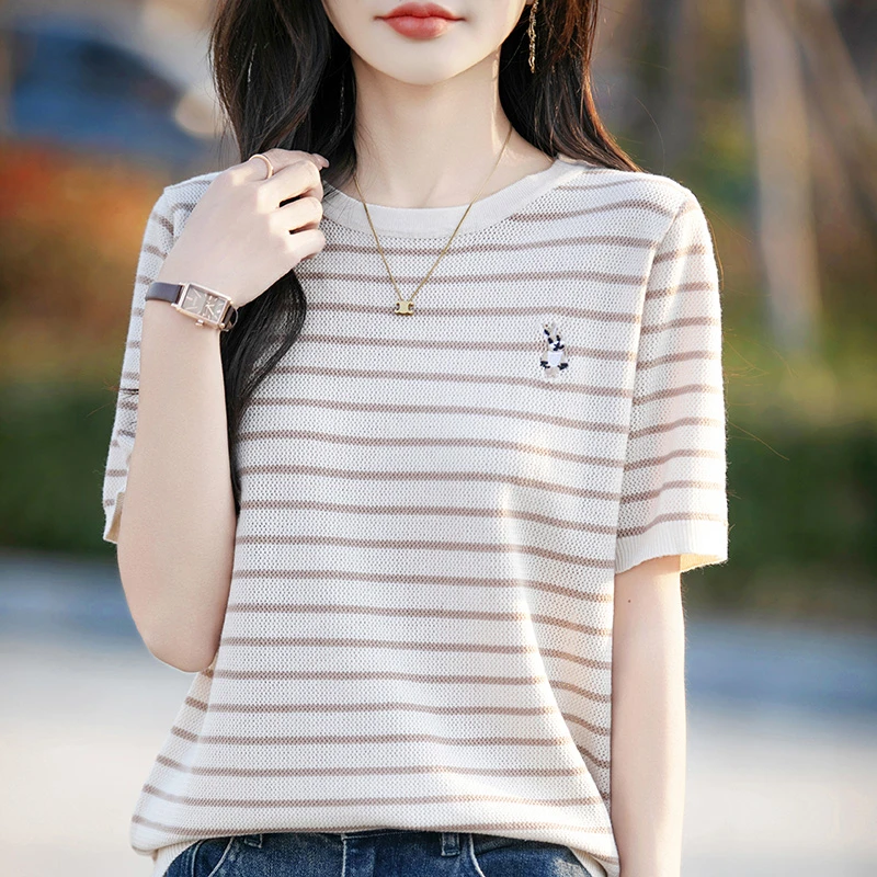 哥弟阿玛施正品夏季圆领短袖T恤桑蚕丝条纹宽松兔子刺绣百搭上衣