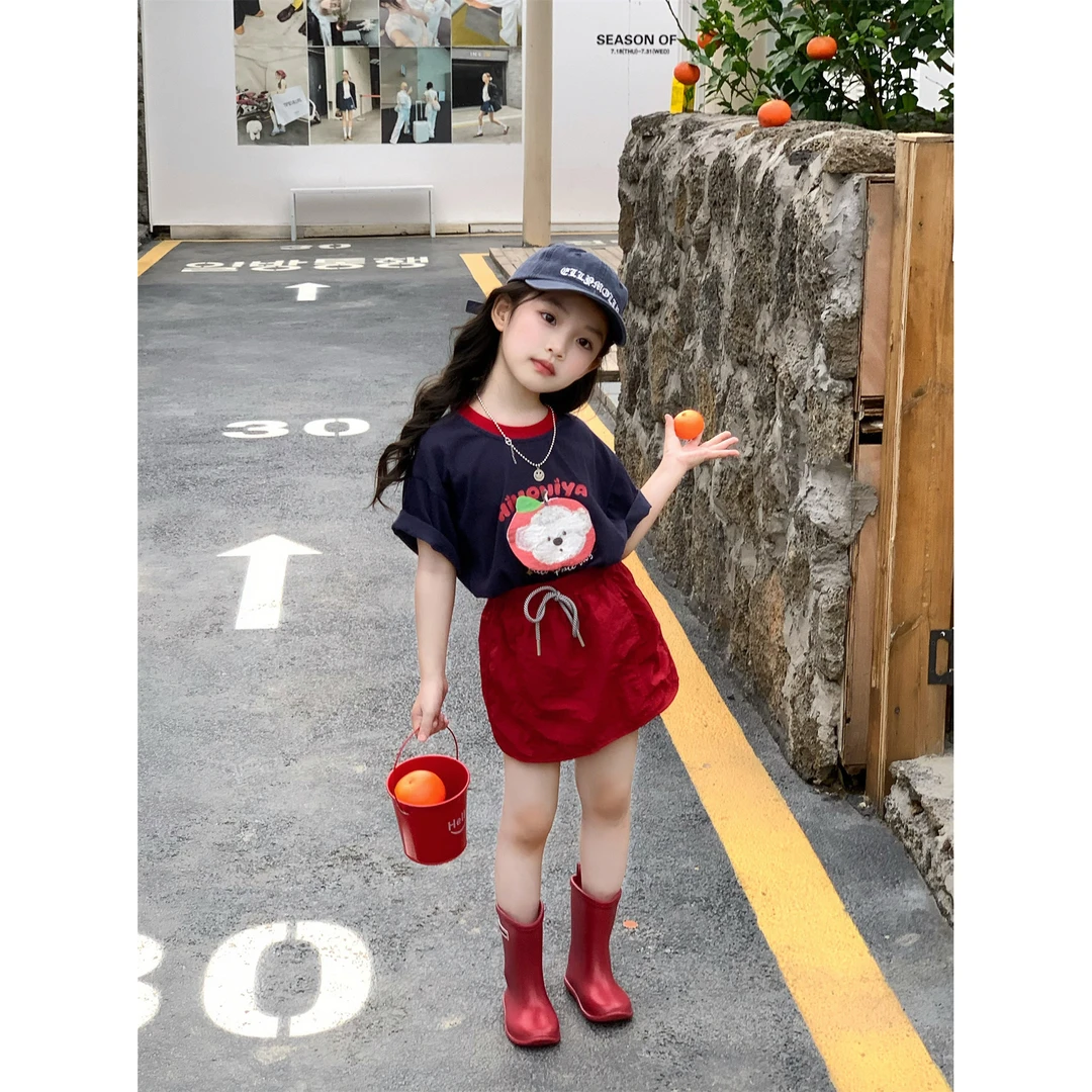 【亲子款】苹果小狗T恤系带半身裙套装新款女童卡通短袖短裙夏装