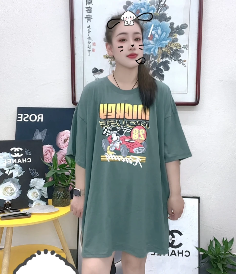 外贸纯棉大码T恤墨绿小汽车图案