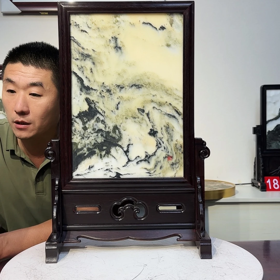 闲***鹤木天然大理石画屏风