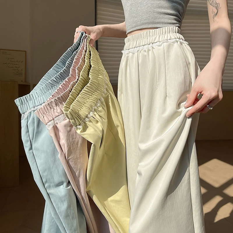 小个子蕾丝花边阔腿裤松紧腰慵懒休闲遛弯裤