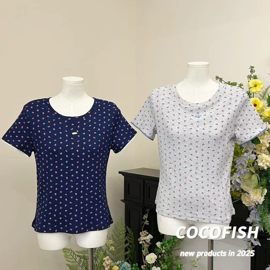 韩系甜美百搭撞色碎花圆领T恤上衣#181660