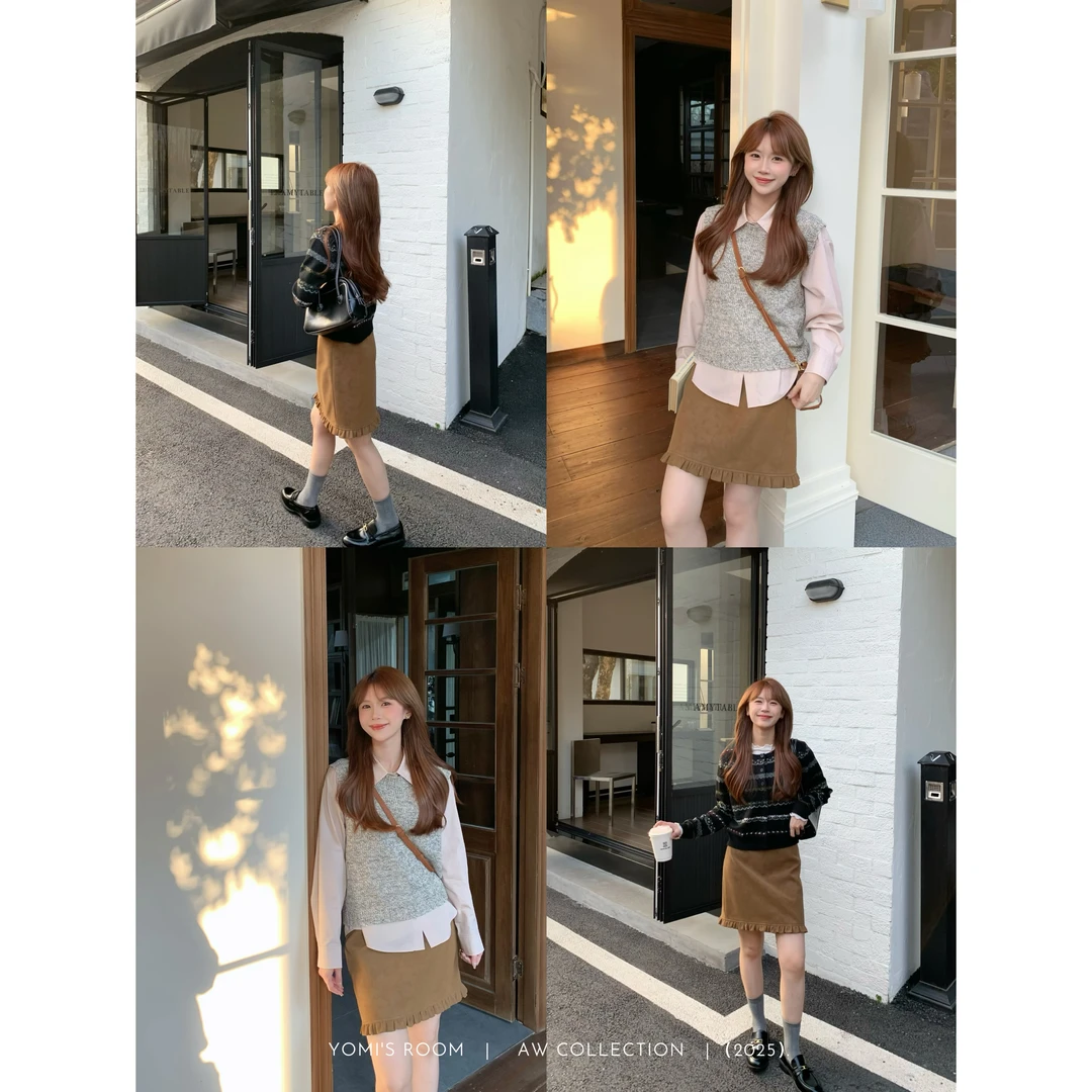 YOMI小个子【棕影诗语】棕色PU麂皮半裙休闲百搭显白显高显瘦秋季