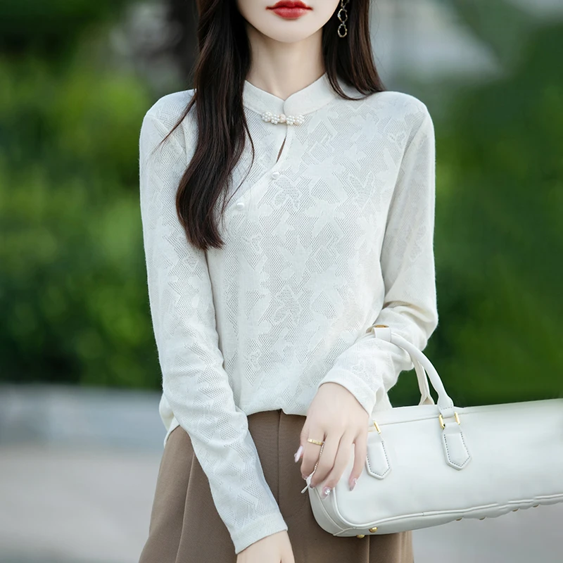 K36 秋冬新款国风新中式轻奢立领打底衫女高级感宽松提花针织衫