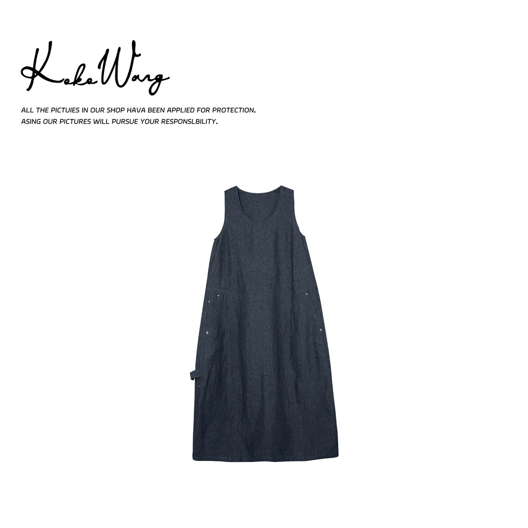 KOKO WANG春夏简约亚麻牛仔中长款U领显瘦工装背心裙525705C17Q44