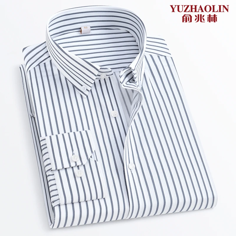 俞兆林简约黑白条纹长袖衬衫纯棉抗皱免烫休闲男衬衣商务通勤男装