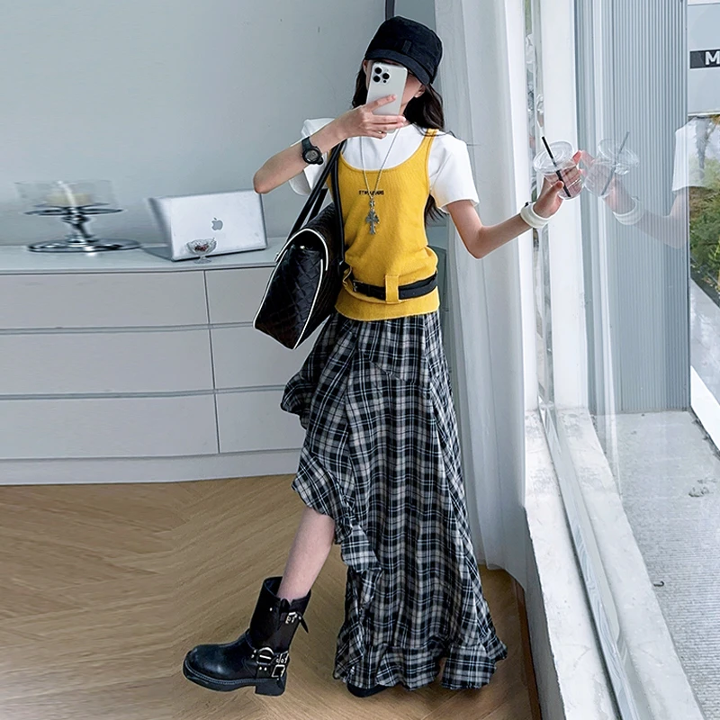 【毛妈潮牌】女童潮系不规则半身裙套装2025大童垫肩短袖背心三件套