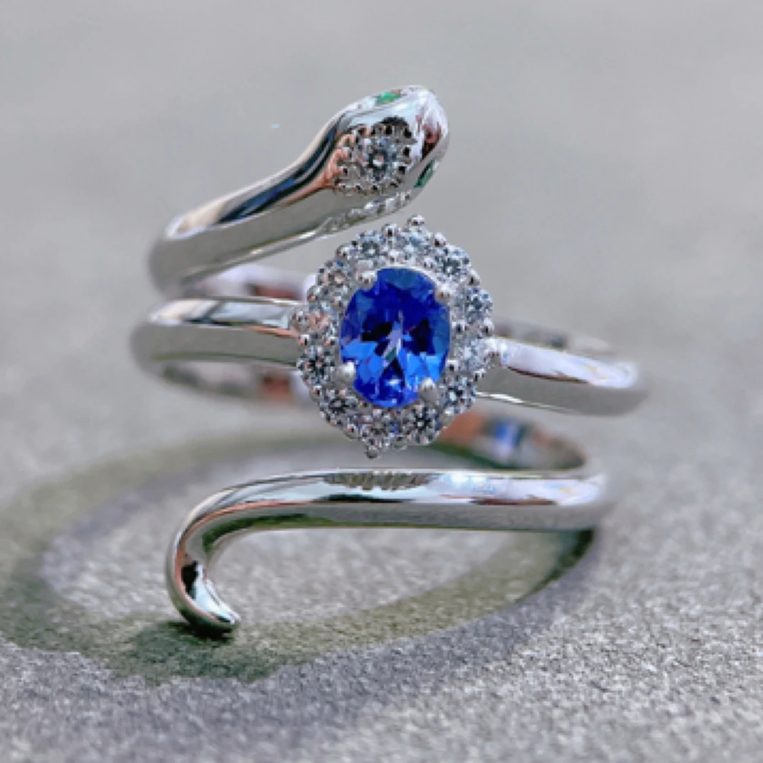 蛇戒新年礼物 | 坦桑石戒指s925银镀金活口可调节