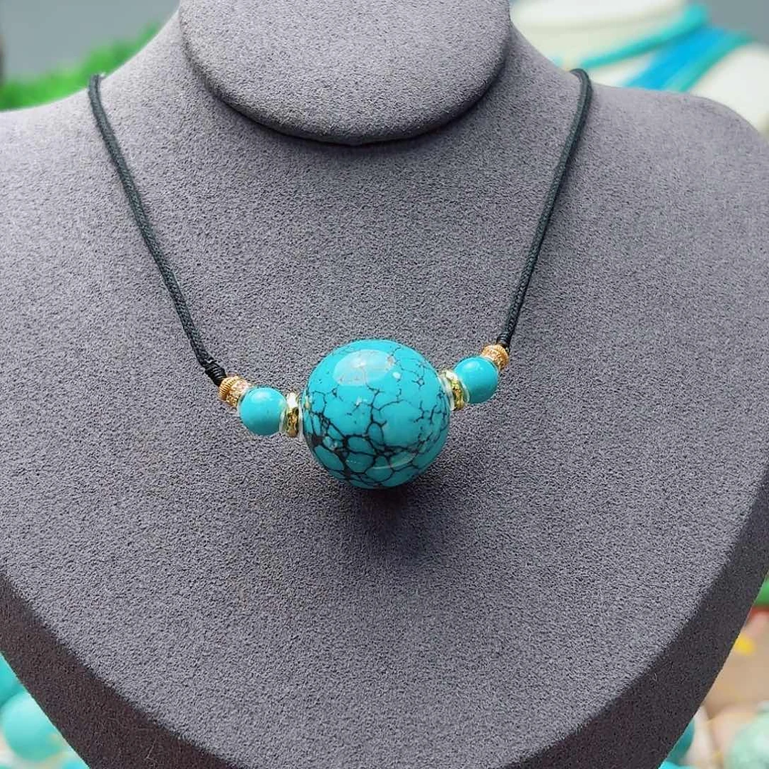 绿松石银S925镶嵌高瓷蓝网花圆珠锁骨珠20