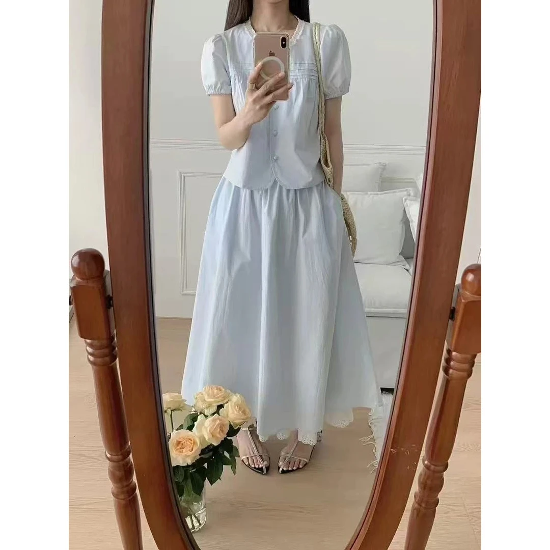 夏季新款2025清新甜美风圆领宽松小衫+百搭半身裙套装-519