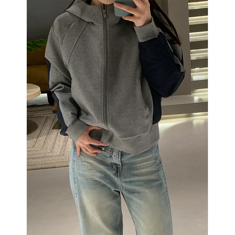 JIN2025春季新款58032撞色拼接戴帽卫衣女装上衣休闲外套百搭时尚