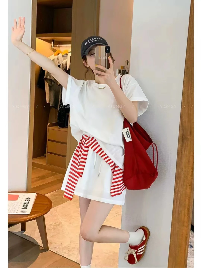 C01时尚休闲慵懒风披肩T恤套装女夏季新款减龄高腰短裙两件套