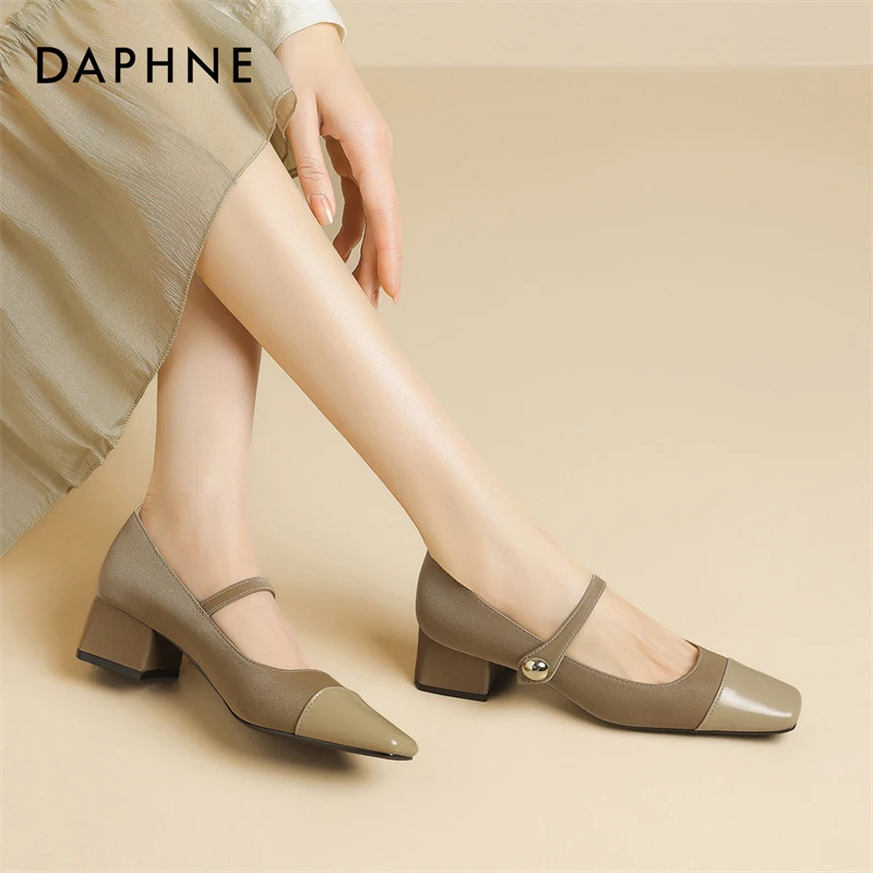 Daphne/达芙妮粗跟高跟鞋女2025年新款撞色玛丽珍鞋低跟方头单鞋